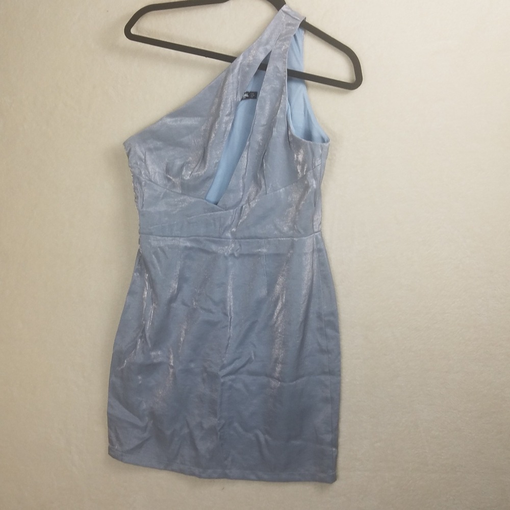 Nasty Gal Mini Dress Women 8 Blue Excellent One Shoulder Cutout Metallic Shimmer